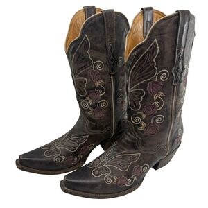 Denver Floral Butterfly Western Cowboy Boots Women's Size‎ 10.5 Brown Leather